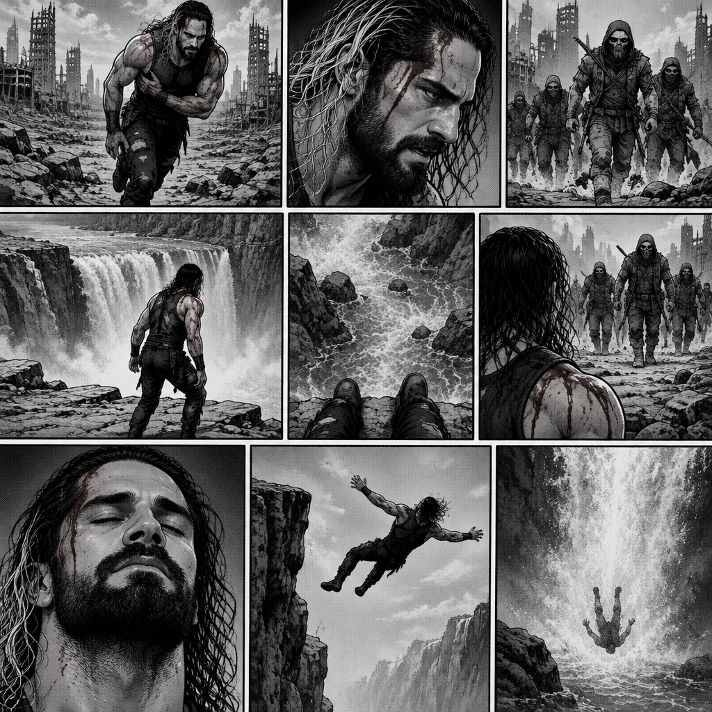 It’s a post apocalyptic world,Seth Rollins was on the run from bandits.He was badly injured but he kept running,running….then….He came across a cliff near a waterfall.The bandits were behind him,He slowly backed up till he was at the edge of the cliff.He looked at the bottom…and then he looked back at the bandits,They were slowly walking towards him.He knew he didn’t have a choice,He closed his eyes….and let himself fall backwards off the cliff and into the water