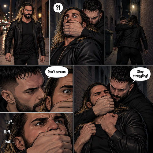 Seth Rollins was walking down a sidewalk alone at night,Then…Someone (Finn Bálor) grabbed him from behind and pulled him into an alleyway. Seth tried to yell for help but the person Covered his mouth with his hand. The person whispered in Seth’s ear “Don’t scream”. Seth struggled but the person was somehow stronger than him. “Stop struggling!” The person said with an irritated tone. Seth was breathing heavily