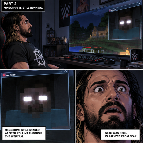 (part 2) Minecraft is still running. Herobrine still stared at Seth Rollins through the webcam. Seth was still paralyzed from fear