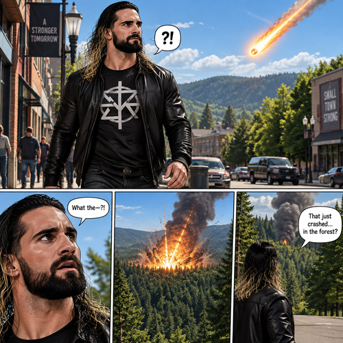 Seth Rollins was walking down the street,Then suddenly a fire ball came out of the sky and crash landed in the nearby forest