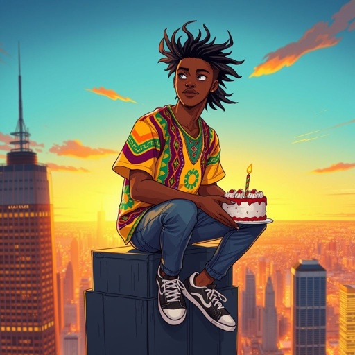 A nonchalant light skin 21 year old Nigerian guy on top of a skyscraper alone on his birthday 