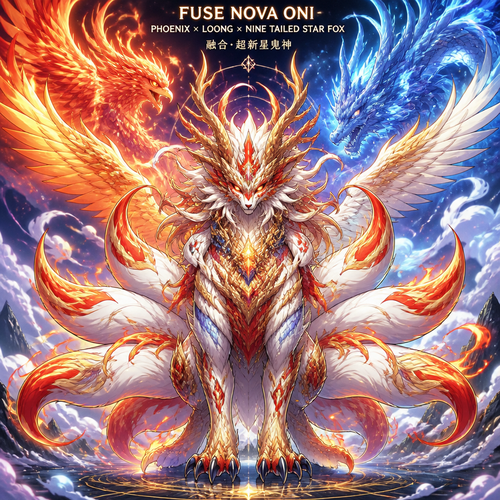 Fuse nova oni,loung dragon and nine tailed star fox as a new creature that has all the best appearance form Phoenix, loung dragon and nine tailed. Front view 