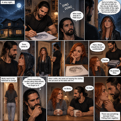 It was a rainy night outside,Seth Rollins was alone in his house,He drawing a picture of the moon on his notebook.Then the doorbell rang. “Who could that be in THIS hour?” Seth  asked himself. He got up and opened the door,A young Irish woman (Becky Lynch) was standing outside on his porch soaking wet from the rain wearing a hood. “Sorry to bother you this late at night sir,But my car broke down in the middle of the night,Can I come inside and borrow your phone?” Asked the woman.Seth looked at the woman,There was this…aura about her that he couldn’t quite explain.He decided to let her in. “Sure..come in” said Seth.The woman walked in and Seth shut the door.He walked out to his bedroom to get the woman some nice dry clothes to wear,The woman was waiting in the kitchen,She noticed the drawing on the table.She smiled.Seth came back and handed her the clothes. “Thanks” said the Woman. “No problem Miss” Said Seth.The woman went to the bathroom to change. “There’s something familiar about that woman,But I can’t quite put my finger on it” Seth said to himself.After a while she came out wearing the clothes.She sat down at the table with him.”I’m Becky” Said Becky. “I’m Seth” Said Seth.There was something between them,Pulling them together
