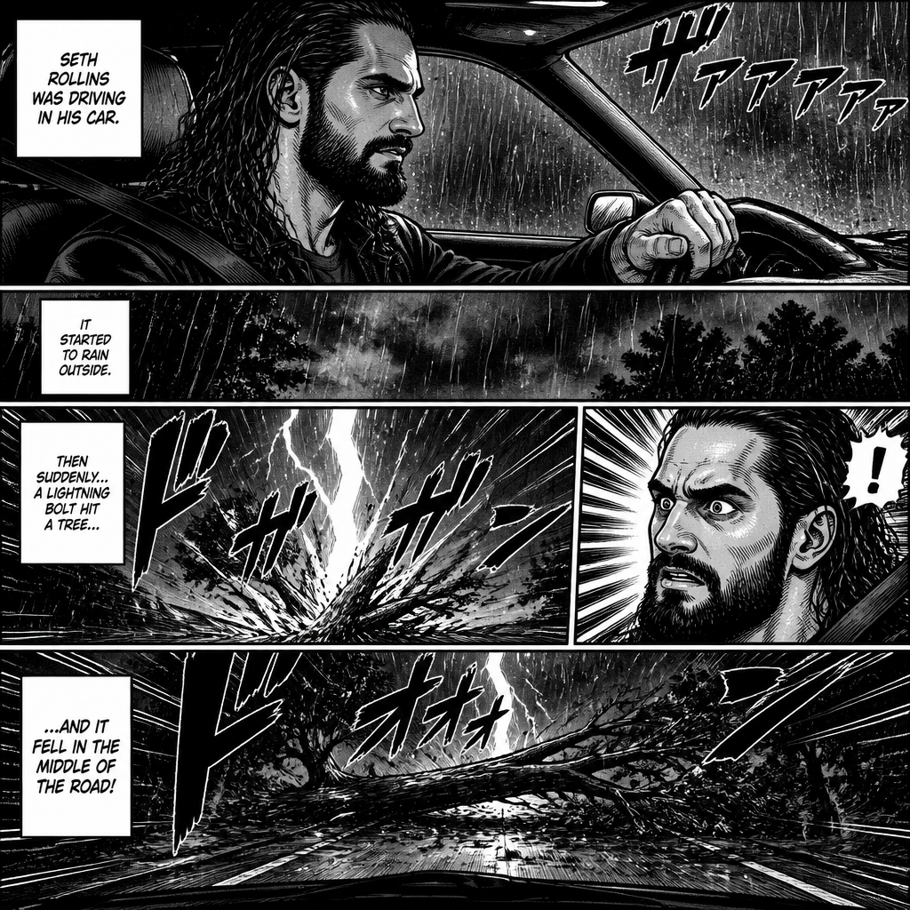 Seth Rollins was driving in his car,It started to rain outside.Then suddenly a lightning bolt hit a tree and it fell in the middle of the road