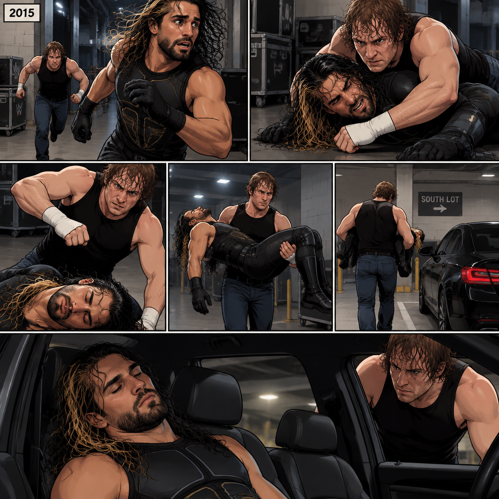 It’s the year 2015,Seth Rollins was being chased backstage by Dean Ambrose. Seth was running to his car,but before he could get there Dean tackled him. Seth struggled. Dean knocked him out. He lifted Seth in his arms and walked to his car. He put Seth in the passenger seat