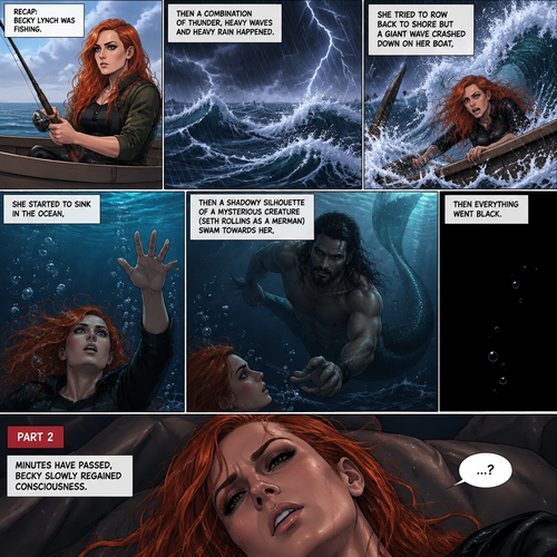 (Recap) Becky lynch was fishing,then a combination of thunder,Heavy waves and heavy rain happened,She tried to row back to shore but a giant wave crashed down on her boat,she started to sink in the ocean,then a shadowy silhouette of a mysterious creature (Seth Rollins as a merman) swam towards her,Then everything went black. (And now onto part 2). Minutes have passed,Becky slowly regained consciousness