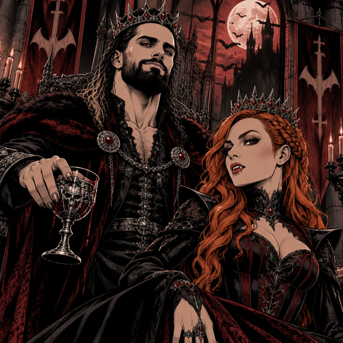 Seth Rollins and Becky Lynch as king and queen of the vampires