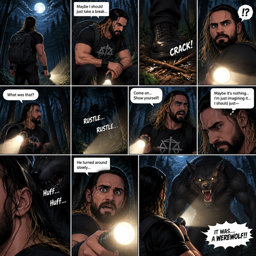 Seth Rollins was lost in the middle of the woods at night,The only this has right now is a backpack and a flashlight.He was about to take a break…then he heard something stepping on a twig.He looked around for the source pointing his flashlight,Then he heard something moving in the woods,He was looking frantically.He was about to give up….then he felt something breathing on him,his heart was beating loudly,He turned around slowly while pointing his flashlight…it was….A werewolf!!