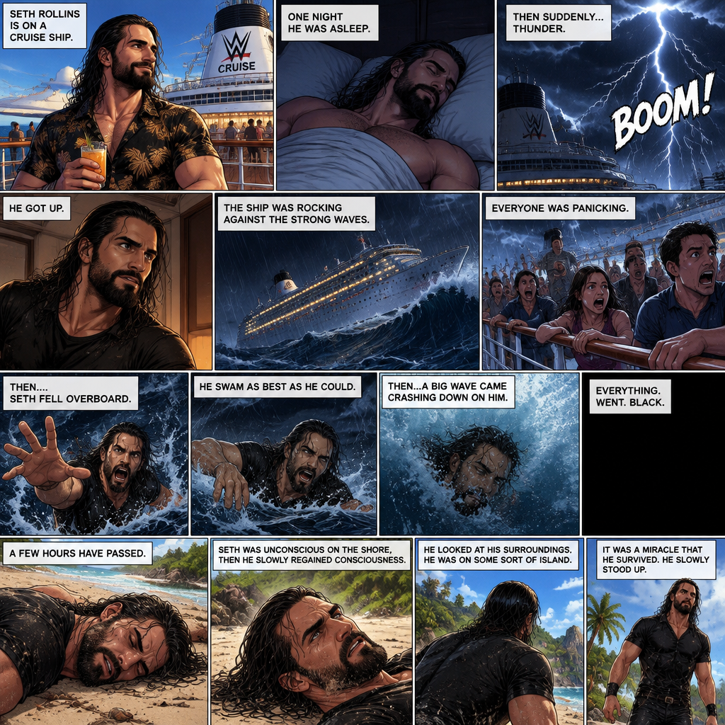 Seth Rollins is on a cruise ship,One night he was asleep,Then suddenly…thunder. He got up. The ship was rocking against the strong waves. Everyone was panicking,Then….Seth fell overboard. He swam as best as he could. The waves were strong,Then…A big wave came crashing down on him. Everything.Went.Black. A few hours have passed,Seth was unconscious on the shore,Then he slowly regained consciousness. He looked at his surroundings,He was on some sort of island. It was a miracle that he survived. He slowly stood up
