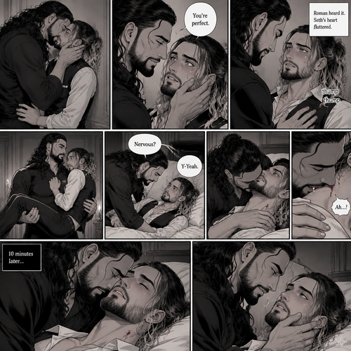 Part 3 of the Vampire x Butler story.Sill in the bedroom of the man of the house (Roman Reigns). He was kissing the Butler (Seth Rollins) against the wall. He smiled at Seth afterwards. Seth was flustered.Roman gently put his hand on Seth’s cheek. “You’re perfect” Roman said softly.Seth’s heart fluttered.Roman heard it,He gently placed his other hand on Seth’s chest to feel the heartbeat.After a while he lifted Seth into his arms.He walked to the bed and gently put Seth down on the bed.Seth looked up at Roman nervously. “Nervous?” Asked Roman. “Y-Yeah” Said Seth.Roman leaned forward towards Seth’s neck.He then wrapped his arms around him in his embrace.He put his lips on Seth’s neck.Seth’s breath hitched a little,Then….Roman’s fangs pierced Seth’s neck.Seth gasped softly.Roman Gently put his hand on Seth’s shoulder. After 10 minutes,Roman pulled his fangs off Seth’s neck. He gently placed his hand on Seth’s cheek
