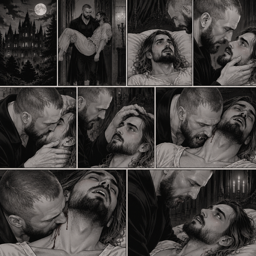 There’s a Dark Vampiric mansion in the woods,Inside there’s a dark Vampiric chamber.The door opens,A vampire (Jon Moxley) walks in carrying his human lover (Seth Rollins).Jon Gently puts Seth on the bed.Seth looked up at him.Seth was very nervous and excited,Because tonight…is his last night as a human,Tonight…Jon was going to turn Seth into a vampire.Jon caresses Seth’s cheek lovingly,then he gently kisses him.After he pulls away Jon brushed Seth’s hair off his face.He leaned towards Seth’s neck,His fangs come out,Then…his fangs pierce Seth’s neck.Seth gasped softly.After he was finished Jon pulled away from Seth’s neck.Seth opened his eyes and looked up at Jon