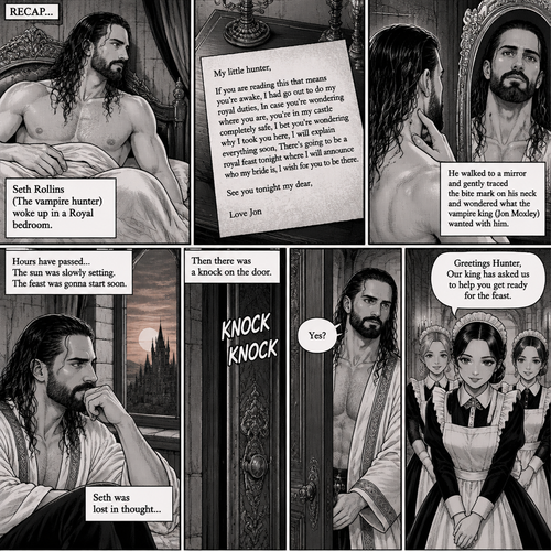 (Recap) Seth Rollins (The vampire hunter) woke up in a Royal bedroom,He finds a note on a nightstand that says “My little hunter,If you are reading this that means you’re awake,I had go out to do my royal duties,In case you’re wondering where you are,you’re in my castle completely safe,I bet you’re wondering why I took you here,I will explain everything soon,There’s going to be a royal feast tonight where I will announce who my bride is,I wish for you to be there,See you tonight my dear, Love Jon”,Then he walked to a mirror and gently traced the bite mark on his neck and wondered what the vampire king (Jon Moxley) wanted with him. (And now part 3). Hours have passed,the sun was slowly setting,The feast was gonna start soon. Seth was lost in thought,Then there was a knock on the door. He got up and opened it,The palace maids were there. “Greetings Hunter,Our king has asked us to help you get ready for the feast” said one of the maids