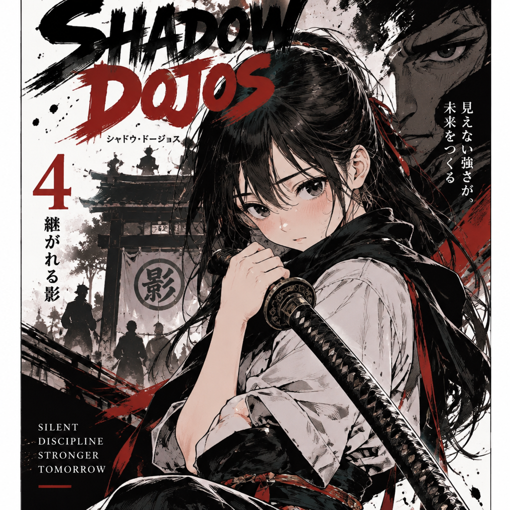 A young girl holding a katana and looks kind of shy for a cover volume 4 of shadow dojos