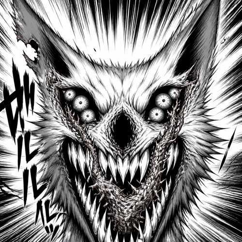 Front view of a fox face showing teeth Teeth, kind of look like flames Tongue is really spiky and fucked up, and it goes all the way up towards the eye the eye sockets each have three eyeballs in each eye socket the left ear has a chunk taken off ears are very pointy and look like fur the nose of the fox is gone. It just has a hole there where it should be drawing