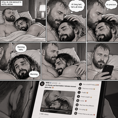 (Part 3). Still in Jon Moxley’s hotel room. Jon Moxley and Seth Rollins were asleep after last night’s activity. Jon slowly woke up,he looked down at Seth who was still asleep. Jon smiled,then he gently stroked Seth’s head. “At long last,He’s all mine” Jon thought to himself. He gently kissed Seth’s forehead. Seth hummed softly in his sleep. “So precious” Jon thought to himself. Seth slowly woke up. “Morning baby” Jon said softly. “Morning” Seth said softly. Jon gently pulled Seth closer to him. Jon picked up his phone. That kiss with Seth went viral