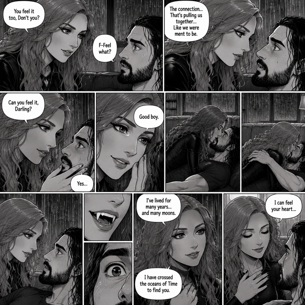 Part 2.The setting is still at Seth Rollins’s house,It’s still raining outside.”You feel it too,Don’t you” Asked Becky Lynch. “F-Feel what?” Asked Seth Rollins nervously.Becky gets closer to Seth. “The connection…That’s pulling us together…Like we were ment to be” Becky said softly.Seth’s heart fluttered.Becky can hear it,She gently puts her hand on his cheek and leaned towards him. “Can you feel it,Darling?” Becky Asked Softly.Something about her voice made Seth unable to resist her. “Yes” Seth whispers. “Good boy” Becky whispers.Their lips connect softly,Becky gently pushes Seth on his back on the couch while they kiss.They eventually pull away and look at each other.Becky smiles gently at him,That’s when….Seth Notices vampire fangs in her teeth,He was bewildered…But not scared. “I’ve lived for many years…and many moons” Becky said softly. “I have crossed the oceans of Time to find you” Becky said softly.Seth’s heart fluttered again,Becky heard it,She gently puts her hand on her chest to feel it