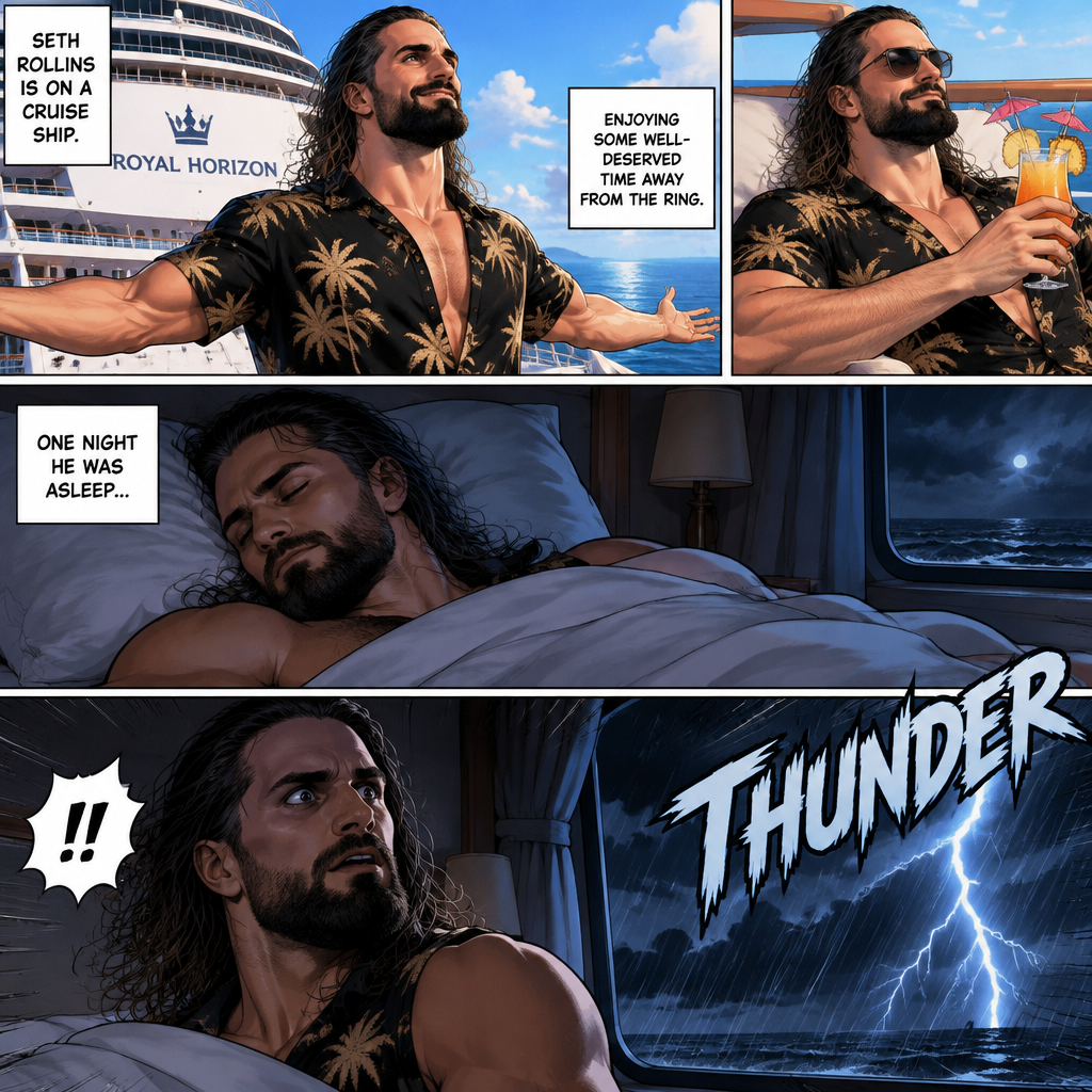 Seth Rollins is on a cruise ship,One night he was asleep,Then suddenly….thunder