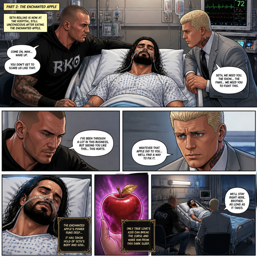 Part 2 of the enchanted apple story.Seth Rollins is now at the hospital Still unconscious after eating the enchanted apple with Randy Orton and Cody Rhodes by his side