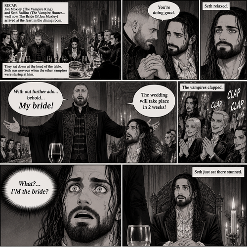 (Recap)Jon Moxley (The vampire king) and Seth Rollins (The vampire hunter…well now The bride Of Jon Moxley) arrived at the feast in the dining room,They sat down at the head of the table,Seth was nervous when the other vampires were staring at him,Jon gently held Seth’s hand and whispered that he was doing good,Seth relaxed,after an hour Jon stood up and dropped a bombshell,”With out further ado…behold…My bride!” Jon said while gesturing to Seth,Seth was shocked. (And now part 5). Seth couldn’t believe it. “What?…I’M the bride?” Seth said in his mind. “The wedding will take place in 2 weeks!” Jon announced. The vampires clapped. Seth just sat there stunned
