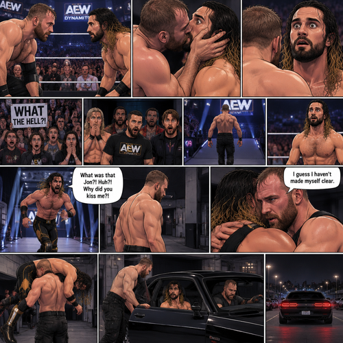 Jon Moxley and Seth Rollins were in a match against each other. It’s the main event. It seemed like it was gonna go on for a while…but then….something unexpected happened. Jon cupped his hands on Seth’s face….pulled him in…and kissed him. Seth’s eyes widened,The fans went crazy with shock,even some of the superstars that were watching were shocked. Jon then pulled away. Seth just stood there stunned. Jon didn’t say a word,he walked out of the ring and walked up the ramp. Seth eventually snapped out of it and left the ring to run to Jon. He managed to catch up to him. “What was that Jon?! Huh?! Why did you kiss me?!” Seth asked. Jon stopped walking and looked at Seth,He still didn’t say a word. He walked closer to Seth. He wrapped his arm around Seth’s waist and pulled him close,Then he whispered in Seth’s ear “I guess I haven’t made myself clear”. He lifted Seth over his shoulder,Then he walked to the parking lot. He put Seth in the passenger Seat and got in the driver seat and drove off