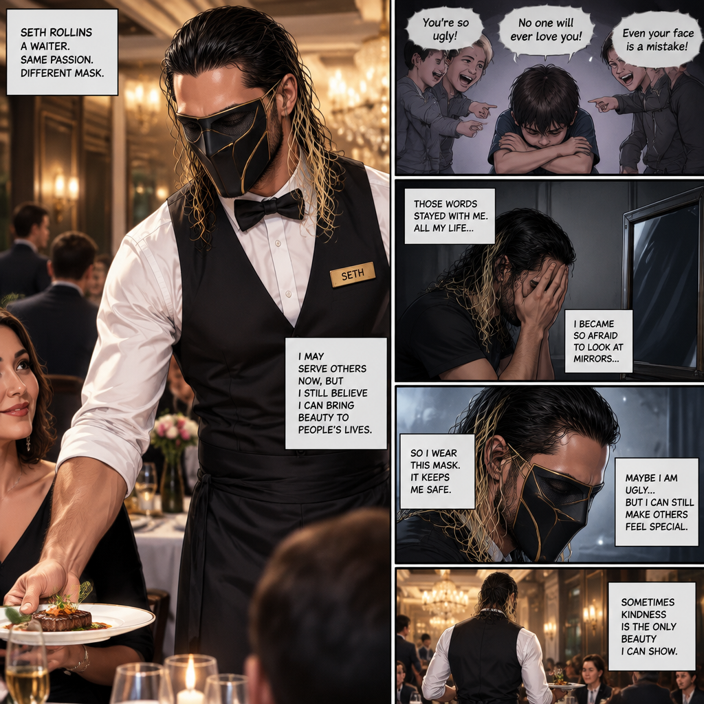 Seth Rollins is a waiter at a fancy restaurant,He’s wearing a mask that covers his face. The reason for that is heartbreaking. All his life he was told he was ugly and no one will love him. He was even to afraid to look at mirrors