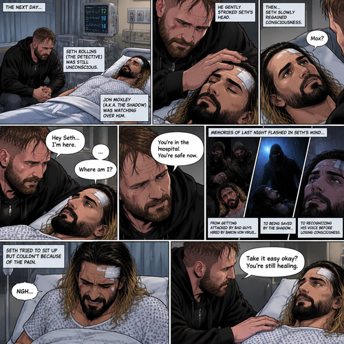 (Part 2 of the Vigilante x detective story). The next day,Seth Rollins (The detective) was still unconscious. Jon Moxley (A.K.A The vigilante known as the shadow) was watching over him. He gently stroked Seth’s head. Then…Seth slowly regained consciousness. He spoke weakly “Mox?”. “Hey Seth…I’m here” Jon said Softly. Seth was silent for a bit before he spoke weakly “Where am I?”. “You’re in the hospital,You’re safe now” Jon said softly. Memories of last night flashed in Seth’s mind,From getting attacked by Bad guys hired By Baron von virus to being saved by the shadow to recognizing his voice before losing consciousness. Seth tried to sit up but couldn’t because of the pain. “Take it easy okay?,You’re still healing” Jon said softly