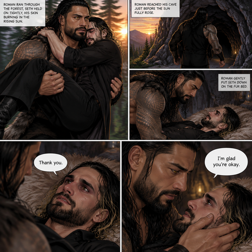 (Part 2 of the Werewolf x vampire story). Roman Reigns (The werewolf) was running to his cave with Seth Rollins (The vampire) in his arms to get him out of the sun. Seth held on tightly. Roman managed to get there before the sun fully rose. Seth was relieved. Roman gently put Seth down on the fur bed. “Thank you” Seth said softly. Roman gently placed his hand on Seth’s cheek. “I’m glad you’re okay” Roman said softly