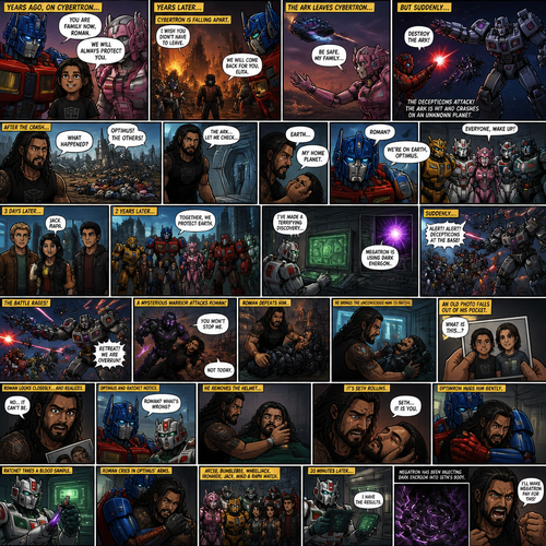 WWE Superstar Roman Reigns ends up on Cybertron as a child and ended up adopted by Optimus Prime and Elita-1.Years later Cybertron is falling apart,Elita-One stays behind while Roman,Optimus Prime and the other Autobots leave on the ark after an emotional goodbye.Then suddenly they get attacked by Megatron and the Decepticons.Then The Deceptions shoot the ark’s wing and Roman and Optimus and the other Autobots crash land on another planet.After A while Roman wake up and looks around and sees Optimus and the Autobots unconscious.Roman opens the Arks hatch and sees…That he’s on the one planet that he thought he would never return to…His home planet..Earth.Then Optimus wakes up.Roman explains to him that they’re on earth,Then bumblebee,Ratchet,Arcee,Jazz,Ironhide and wheel jack wakes up.Timeskip to 3 days later.They meet Three humans,Thier names are Jack,Miko and Raph.Timeskip to 2 years later.Roman and Optimus and the Autobots have been working along side Jack,Miko and Raph to protect earth from the Decepticons.Then Ratchet made a terrifying discovery…Megatron is using Dark energon.Then the base alarm went off.The Decepticons have found the Autobot base and were attacking them.Then a mysterious creature in a dark energon cyber suit attacks Roman.Roman manages to defeat him.The Decepticons realize they’re overwhelmed by the Autobots they retreat leaving the mysterious creature behind.Roman Carries the unconscious creature to Ratchet’s lab.As he puts him on the table an old picture falls out of his pocket.While ratchet Straps the unconscious mysterious creature to the table Roman looks at the photo.There’s two young boy on it,As Roman looked closely at the photo….He realizes that it’s him with a friend of his as kids, “No….It can’t be” said Roman. Optimus and Ratchet Noticed the look on his face, “Roman? What’s Wrong?” Asked Optimus. But Roman didn’t answer.He walked to the unconscious man,He takes off the Helmet…and sure enough…It was Seth Rollins (Roman and Seth are childhood friends in this story).Roman was shocked,Then tears stream down his face. “Seth..It is you” Roman said to him self.Optimus Gently hugged Roman from behind.Ratchet takes a sample of Seth’s blood to analyze it while Roman silently cries in Optimus’s arms and Arcee,Bumblebee,Wheeljack,Ironhide,Jack,Miko and Raph watch with sympathetic looks on their faces.20 Minutes later Ratchet returns with a grim look on his face.He has the results.Apparently Megatron has been injecting Dark energon into Seth’s body.Roman was Angry when he heard this