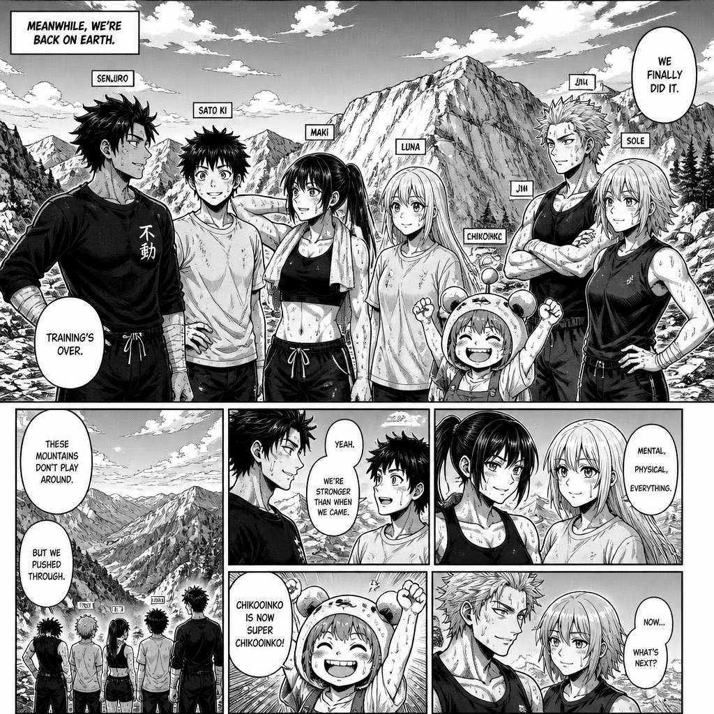 Meanwhile, we’re back on earth. Senjiro and sato ki Maki Luna chikoinko. Jin and sole get done with their training. In the mountains.