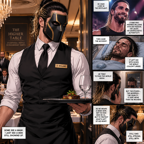Seth Rollins is a waiter at a fancy restaurant,He’s wearing a mask that covers his face. The reason for that is heartbreaking