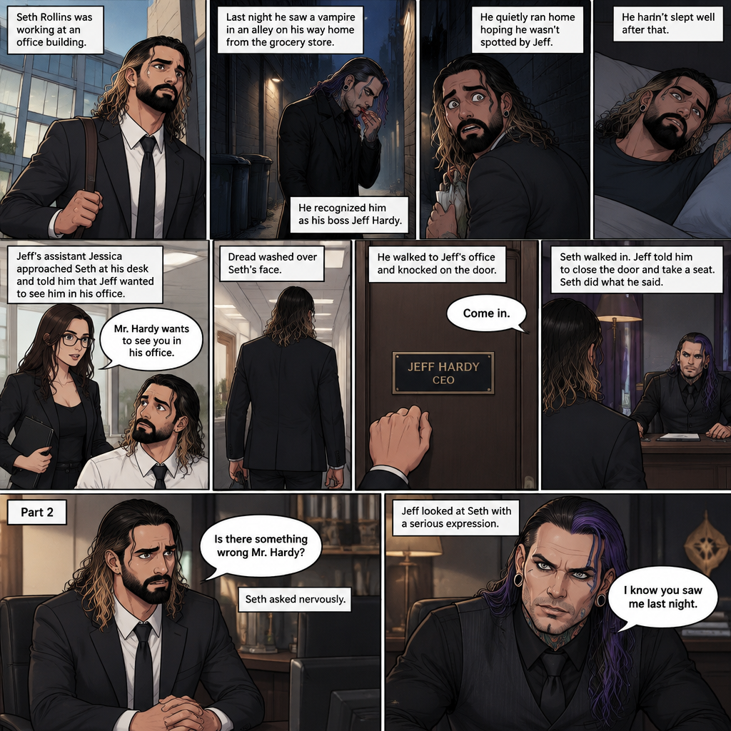 (Recap) Seth Rollins was working at an office building,Last night he saw a vampire in an alley on his way home from the grocery store,he recognized him as his boss Jeff Hardy,he quietly ran home hoping he wasn’t spotted by Jeff,He hadn’t slept well after that,Jeff’s assistant Jessica approached Seth at his desk and told him that Jeff wanted to see him in his office,Dread washed over Seth’s face,he walked to Jeff’s office and knocked on the door,”Come in” said Jeff,Seth walked in,Jeff told him to close the door and take a seat,Seth did what he said. (And now part 2). “Is there something wrong Mr.Hardy?” Seth asked nervously. Jeff looked at Seth with a serious expression. “I know you saw me last night” said Jeff