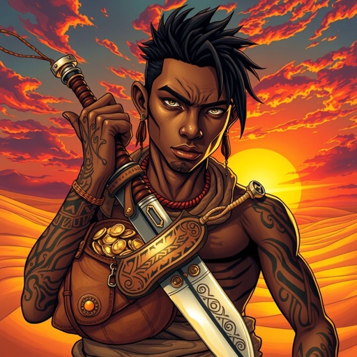 A lonely African young man with a bag of money and a sword standing in the middle with of a desert