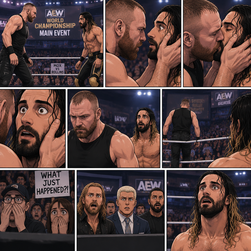 Jon Moxley and Seth Rollins were in a match against each other. It’s the main event. It seemed like it was gonna go on for a while…but then….something unexpected happened. Jon cupped his hands on Seth’s face….pulled him in…and kissed him. Seth’s eyes widened,The fans went crazy with shock,even some of the superstars that were watching were shocked. Jon then pulled away. Seth just stood there stunned. Jon didn’t say a word,he walked out of the ring