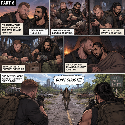(Part 6). Still in the zombie apocalypse. “it’s been a year since Jon Moxley and Seth Rollins reunited. They travelled together,They took down zombies together,They took down bandits together,They collected supplies together,They also had romantic moments together. One day they were walking together on the road…Then…..they see a person approaching them from the distance. They raise their weapons at the person just to make sure that the person wasn’t a threat. The person raised his hands and shouted “DON’T SHOOT!!!”