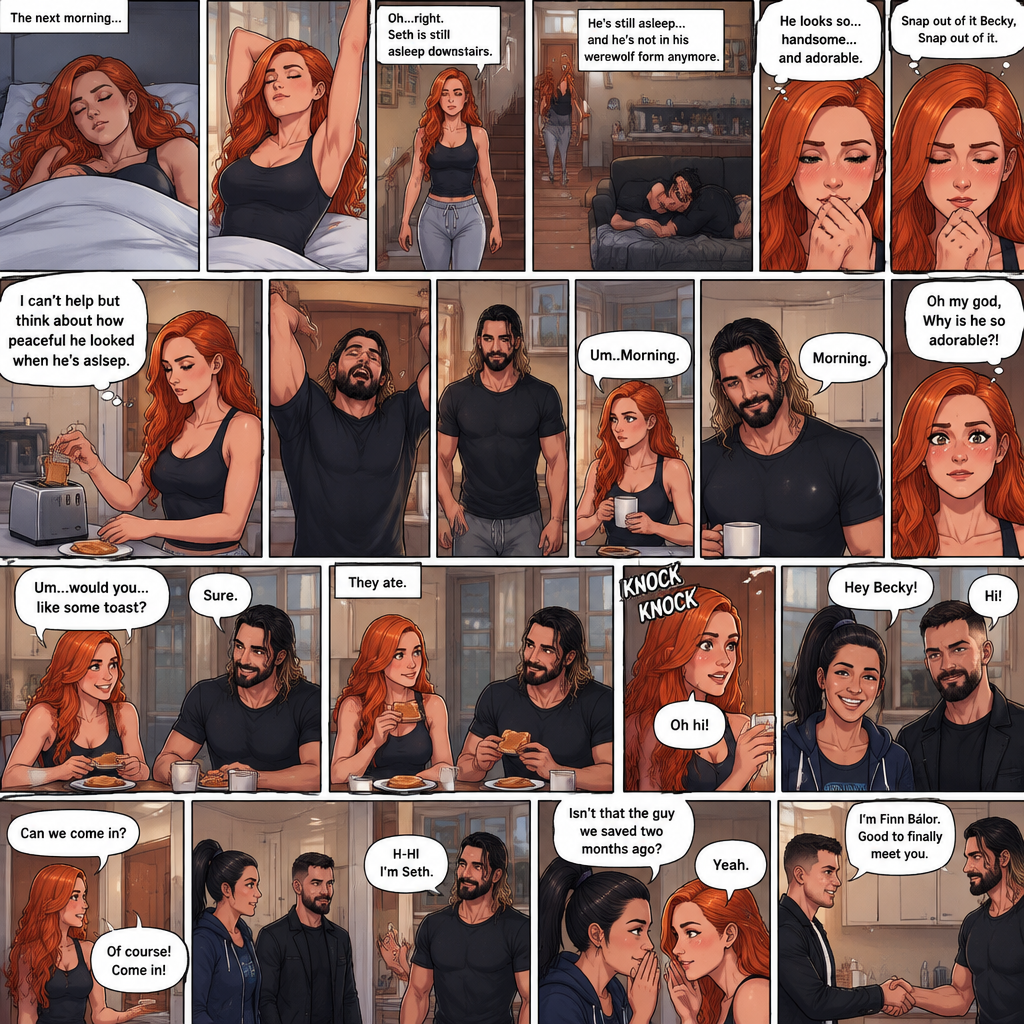 (Part 3 of the werewolf x human story) The next morning,Becky Lynch was asleep in her bed. Then she woke up. She got up and stretched her arms. She walked downstairs…then she remembered that the Werewolf (Seth Rollins) was asleep downstairs. She checked in on him. He was still asleep…and he wasn’t in his werewolf form anymore. She couldn’t help but look at him…and blush. “He looks so…handsome…and adorable” Becky said to herself. Then she shook her head. “Snap out of it Becky,Snap out of it” Becky said to herself. She quietly walked to the kitchen and made herself some toast. She couldn’t help but think about how peaceful he looked when he’s asleep. Meanwhile,The man woke up. He slowly gets up and stretched his arms,Then he walks to the kitchen. Becky notices him. “Um..Morning” Said Becky. The man Smiled softly. “Morning” The man said softly. “Oh my god,Why is he so adorable?!” Becky thought to herself. “Um…would you…like some toast?” Becky asked. “Sure” said the man. Becky makes some toast. They ate. Then there was a knock on the door. Becky opened the door…it’s Bayley..and Finn Bálor. They say hello. Becky says hello back. They asked if they can come in. She lets them in. They walked inside. They noticed the man in her kitchen. The man said hello awkwardly. Bayley whispered in Becky’s ear “Isn’t that the guy we saved two months ago?”. “Yeah” Becky whispered back. Finn introduced himself to the man. “H-Hi I’m Seth” said Seth