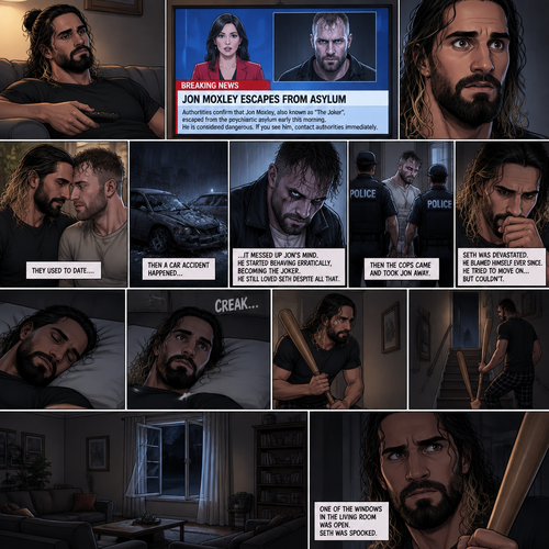 (Recap) Seth Rollins was at his house after a long day,A news report came on tv,The reporter said that Jon Moxley A.KA the Joker had escaped from the asylum that morning,Seth tensed up a bit,he and Jon used to date….then car accident happened witch messed up Jon’s mind,he started behaving erratically becoming the joker,he still loved Seth despite all that,then the cops came and took Jon away,Seth was devastated,he blamed himself ever since,he tried to move on but couldn’t. (And now part 2). Seth was asleep in his bed….then he was woken up by a noise coming from downstairs. He grabbed a bat and slowly walked downstairs,when he got downstairs….he noticed…that one of the windows in the living room was open. Seth was spooked