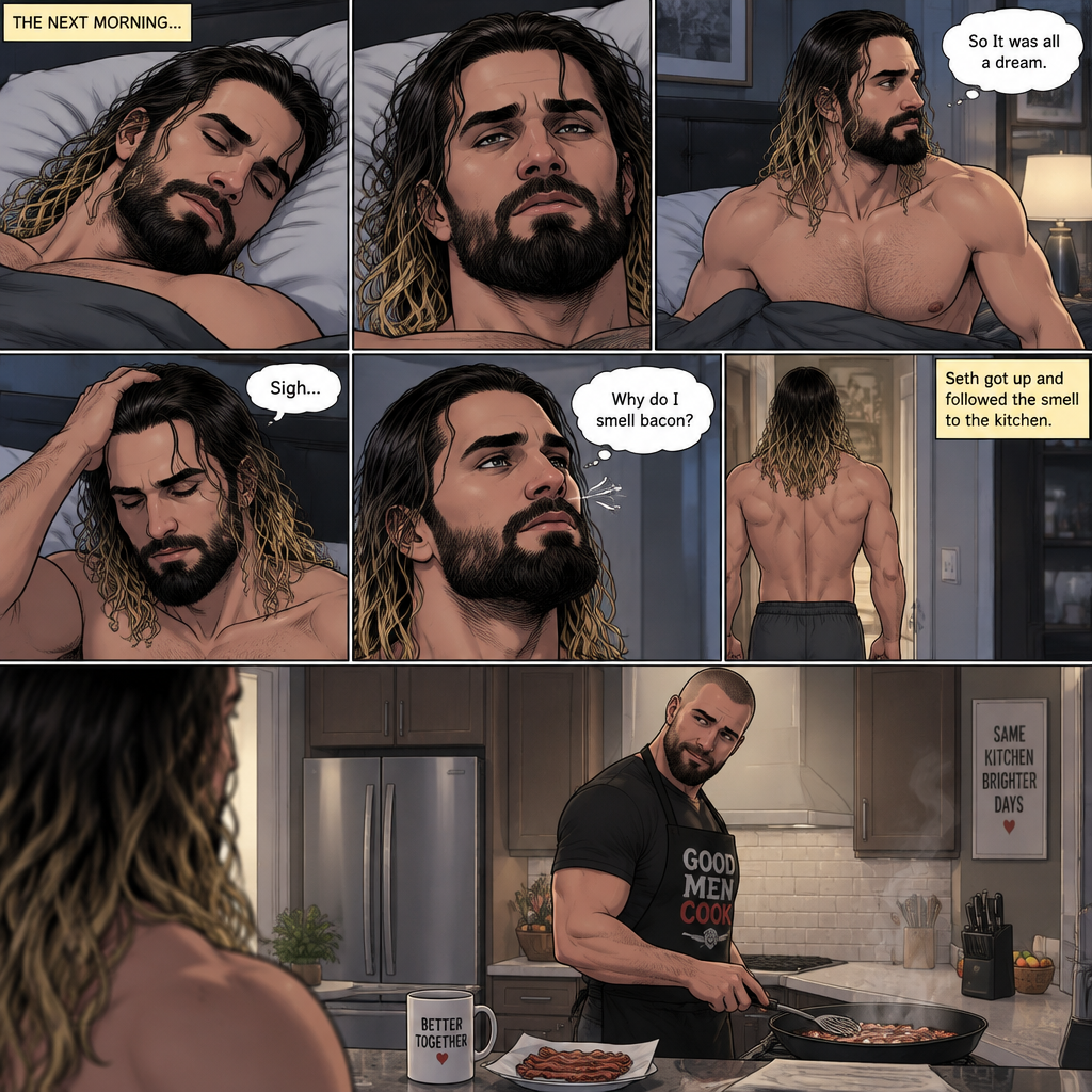 (Recap). Seth Rollins was asleep in his bed after finding out Jon Moxley A.K.A the joker had escaped the asylum on a news report,then he was woken up by a noise coming from downstairs,He grabbed a bat and walked downstairs,when He got downstairs…he noticed…one of the windows in the living room was open,He got spooked,He ran to his home phone to call the police,but before he picked up the phone….someone grabbed him from behind,“Help!” Seth yelled,The person covered Seth’s mouth,Then he whispered in Seth’s ear “shh,it’s just me baby,it’s just me”,Seth recognized the voice….It was Jon Moxley,He removed his hand from Seth’s mouth,He wrapped his arms around Seth,“I missed you so much baby” Jon said Softly,Seth dropped the bat,Then tears rolled down his face,He wrapped his arms around Jon tightly while tears were still pouring down his face as if he were afraid that Jon was gonna be taken away from him again,Jon Gently rubbed Seth’s back,“Oh baby,my poor baby,It’s ok,I’m right here,I’m not leaving you,not ever again” Jon said softly. (And now part 3). The next morning,Seth was asleep in his bed. He slowly woke up. He looked at his surroundings…Jon wasn’t there. “So It was all a dream” Said Seth. He sighed,then…he smelled something. “Why do I smell bacon?” Seth asked himself. He got up and followed the smell to the kitchen