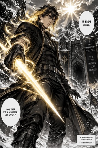 Character: Amaan Ziyaan — an original hunter in a dark fantasy action manga.

Appearance: A young adult man with long, messy black hair, sharp but human facial features, light-brown eyes, and a lean, extremely muscular, athletic physique inspired by the build of Toji Fushiguro. He wears a fitted black tactical outfit, combat boots, gloves, and a long dark coat with subtle gold detailing.

Combat transformation: When he activates his Photonic Mana Conversion ability, his black hair gradually transforms into luminous golden-yellow hair. His light-brown eyes intensify with golden reflections, and controlled white-gold energy flows around his arms and body. His face, hairstyle silhouette, physique, and clothing must remain recognizable.

Art style: Highly detailed Japanese shonen manga, dramatic ink work, expressive faces, sophisticated anatomy, dynamic perspective, sharp shadows, screentones, cinematic panel composition, intricate clothing details, and powerful action poses. Use original character design rather than copying an existing manga character.

Scene: Amaan stands in a snowy mountain pass outside a dangerous dungeon gate. Sunlight breaks through storm clouds behind him. He extends one hand as a thin blade of golden mana forms from light particles. His expression is calm and determined, not arrogant. Snow blows across the scene as the golden energy illuminates the dark landscape.

Panel direction: Create one manga panel with a clear focal point, strong foreground and background depth, readable anatomy, and space for dialogue. Preserve the same character design in future panels.