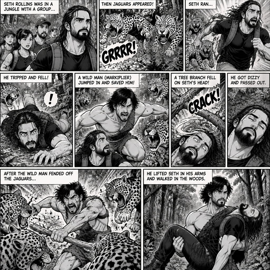 (Recap!) Seth Rollins was in a jungle with a group,Then jaguars appeared,he ran,he tripped and fell. A wild man (Markiplier) jumped in and saved him,A tree branch fell on Seth’s head and he got dizzy and passed out. After the wild man fended off the jaguars he lifted Seth in his arms and walked in the woods. (All ca