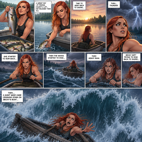 Becky Lynch is in a fishing boat,She had a long day of fishing. She caught a lot of fish (she released them after). She was about to head back to shore….then suddenly…thunder. She started to row back…then the waves started to rise,Then heavy rain. Becky kept trying to row back to shore,Then….A giant wave came crashing down on Becky’s boat