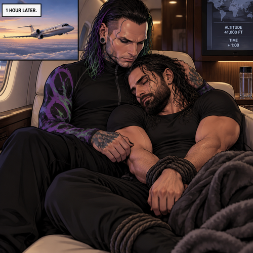 (Part 4). Still on the private plane. 1 hour had passed. The nefarious Jeff Hardy and Seth Rollins (A secret agent) were still asleep after Seth’s emotional breakdown. Seth’s wrists and ankles were still tied up and still in Jeff’s arms. Jeff woke up,He looked down at Seth who was still asleep