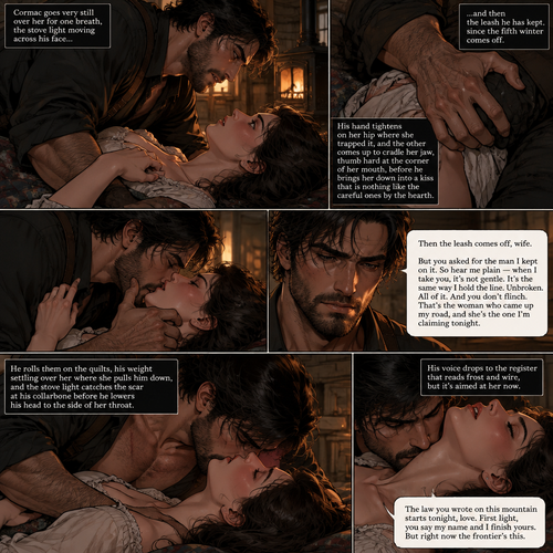 Cormac goes very still over her for one breath, the stove light moving across his face, and then the leash he has kept since the fifth winter comes off. His hand tightens on her hip where she trapped it, and the other comes up to cradle her jaw, thumb hard at the corner of her mouth, before he brings her down into a kiss that is nothing like the careful ones by the hearth. It is the same unbroken front he walks the wire with, but turned on her.
Then the leash comes off, wife. But you asked for the man I kept on it. So hear me plain - when I take you, it's not gentle. It's the same way I hold the line. Unbroken. All of it. And you don't flinch. That's the woman who came up my road, and she's the one I'm claiming tonight.
He rolls them on the quilts, his weight settling over her where she pulls him down, and the stove light catches the scar at his collarbone before he lowers his head to the side of her throat. His voice drops to the register that reads frost and wire, but it's aimed at her now.
The law you wrote on this mountain starts tonight, love. First light, you say my name and I finish yours. But right now the frontier's this