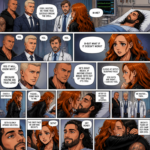 Part 3 of the Enchanted apple story.Seth Rollins is still unconscious at the hospital.Randy Orton,Cody Rhodes and the doctor were looking at Becky Lynch after Cody got the idea that true love’s kiss could break the spell. “m-me?” Asked Becky.Randy,Cody and the doctor nodded in response. “B-But what if it doesn’t work?” Asked Becky. “Yes it will,Know why?…Because you’re his true love!” Said Cody. “He’s right Becky,If anyone could Break Seth out of this spell it’s you” Said Randy.She looks at Seth’s sleeping face.She nodded to her self. “You guys are right…I can do this” said Becky.She took a deep breath,Walked to Seth and leaned forward to him. “Please…come back to me” Becky said quietly,Then…she gently kissed him.After 10 seconds she stopped.They waited…Then…Seth slowly opened his eyes.The first face he saw was Becky’s.”Seth?” Asked Becky. Seth smiled softly at her. “Hey honey” Seth said softly.Becky’s tears of joy came out from her eyes.Then Becky and Seth hugged each other gently