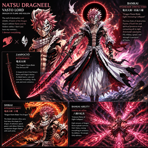 Final form Natsu from fairytale fused with vasto Lord Ichigo from bleach 
That has a zonpoctō and his 2 releases Shikai, and bankai. Bankai active.
