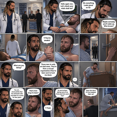 Seth Rollins is a Doctor. He had been looking after a patient (Jon Moxley) who had been in a coma for two years. One day he was walking to Jon’s room,Then he saw men in suits at the front desk. He thought nothing of it and kept walking. He entered Jon’s room. “Hello again Jon,Let’s check your vitals shall we?” Said Seth. He checks Jon’s vitals. “Ok everything Looks good so far” said Seth. He looked at Jon’s face. “Maybe someday you’ll wake up,Who knows?” Said Seth. He got up to leave the room….But a hand grabbed a hold of his wrist. Seth gasped. It was Jon,He’s wide awake and Looking at Seth. “Y-You’re awake” Said Seth. Then Jon carefully got up,Looked out the door and noticed the men in suits. His eyes widened and he shut the door and locked it. “What are you doing?” Seth asked. Jon spoke for the first time since the coma “Those men in suits are bad news,They’re from a corrupt organization,They’ve been sent to hunt me down”. Seth Fell silent,Processing what Jon just said. Jon moved quickly to barricade the door. “You uh…move pretty fast for someone who has been in a coma for two years” said Seth. Jon fell silent while processing that information. “That’s how long it’s been?” Jon asked. Seth nodded slowly. Jon walked slowly toward Seth. “So you’ve been taking care of me these past two years Huh?” Said Jon. Seth got nervous. “Y-Yeah” Seth said Nervously. Then one of the men in suits tried to open the locked and Barricaded door. Jon quickly ran to the window and opened it