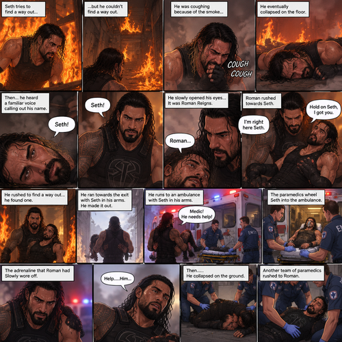 Seth Rollins is in a burning building,He tries to find a way out,he couldn’t find a way out. He was coughing because of the smoke,He eventually collapsed on the floor. Then…he heard a familiar voice calling out his name,he slowly opened his eyes…it was Roman Reigns. He weakly called out Roman’s name. Roman rushed towards Seth. “I’m right here Seth” Said Roman. He lifted Seth in his arms. “Hold on Seth,I got you” Roman said to Seth. He rushed to find a way out,he found one. He ran towards the exit with Seth in his arms,He made it out. He runs to an ambulance with Seth in his arms. “Medic! He needs help!” Roman yelled. He puts Seth on a gurney. The paramedics wheel Seth into the ambulance. The adrenaline that Roman had Slowly wore off. “Help…..Him…” said Roman. Then…..He collapsed on the ground. Another team of paramedics rushed to Roman. (End of part 1)
