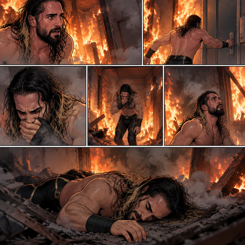 Seth Rollins is in a burning building,He tries to find a way out,he couldn’t find a way out. He was coughing because of the smoke,Eventually….he collapsed on the floor