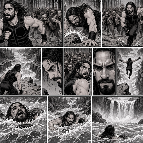 We’re in the woods during a zombie apocalypse,Someone was running…and that someone…is Seth Rollins. He was running from a zombie horde after being abandoned and left to die by his own group. He kept running….Till he tripped on a rock and sprained his ankle. The zombie horde was gaining on Seth,So he kept running despite the pain in his ankle. He was running and running….till he got to the edge of a cliff. He looks down,There was rapid water at the bottom. He turned around…the Zombie horde was getting closer. At this point…Seth had two choices,Either let the zombies eat him..or jump into the rapids. He thought about it….then he made a decision…he…Jumped into the rapids. He swam up,He tried to swim to shore but the strong water kept pulling him further down the rapids. He looked ahead….there was a waterfall