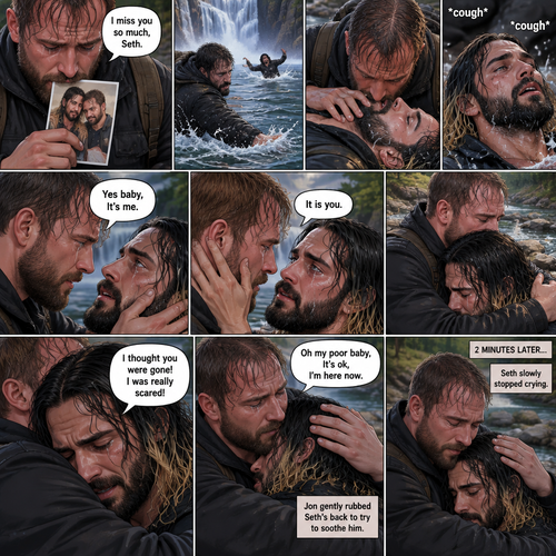 (Recap) Still in the zombie apocalypse. (This was Jon Moxley’s POV). Jon sat on a log near the river alone looking sad,He was looking at a romantic photo of him and Seth Rollins before the apocalypse began,He thought Seth died the day of the apocalypse started 4 years ago,He gently kissed the photo and said he misses Seth So much,He saw someone fall down the waterfall,he jumped in the water,As he swam he got a better look at the person,It turned out to be Seth,He swam faster and got him,He was to shore and Gently placed Seth’s down,He did CPR and mouth to mouth on Seth,When all hope seemed lost Seth coughed out water,Jon gently held Seth with tears of joy streaming down his face,Seth slowly opened his eyes,”Jon?” Seth asked weakly. (And now part 4). Jon gently placed his hand on Seth’s cheek. “Yes baby,It’s me” Jon said Softly. Seth gently placed his hand on Jon’s cheek to see if he’s real,Tears streamed down his face. “It is you” Seth said through his tears. Jon gently pulled Seth into a hug,Seth cried on Jon’s shoulder. Jon gently stroked the back of Seth’s head while Seth continued to cry on Jon’s shoulder. “I thought you were gone!,I was really scared!” Seth said through his tears. “Oh my poor baby,It’s ok,I’m here now” Jon said softly. Jon Gently rubbed Seth’s back to try to soothe him. After 2 minutes,Seth slowly stopped crying