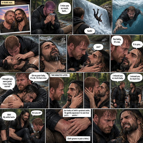 (Recap) Still in the zombie apocalypse. (This was Jon Moxley’s POV). Jon sat on a log near the river alone looking sad,He was looking at a romantic photo of him and Seth Rollins before the apocalypse began,He thought Seth died the day of the apocalypse started 4 years ago,He gently kissed the photo and said he misses Seth So much,He saw someone fall down the waterfall,he jumped in the water,As he swam he got a better look at the person,It turned out to be Seth,He swam faster and got him,He was to shore and Gently placed Seth’s down,He did CPR and mouth to mouth on Seth,When all hope seemed lost Seth coughed out water,Jon gently held Seth with tears of joy streaming down his face,Seth slowly opened his eyes,”Jon?” Seth asked weakly. (And now part 4). Jon gently placed his hand on Seth’s cheek. “Yes baby,It’s me” Jon said Softly. Seth gently placed his hand on Jon’s cheek to see if he’s real,Tears streamed down his face. “It is you” Seth said through his tears. Jon gently pulled Seth into a hug,Seth cried on Jon’s shoulder. Jon gently stroked the back of Seth’s head while Seth continued to cry on Jon’s shoulder. “I thought you were gone!,I was really scared!” Seth said through his tears. “Oh my poor baby,It’s ok,I’m here now” Jon said softly. Jon Gently rubbed Seth’s back to try to soothe him. After 2 minutes,Seth slowly stopped crying. They looked at each other,Jon gently wiped away the tears on Seth’s face,Then they kissed each other. “I missed you so much baby” Jon said softly. “I missed you So much too” Seth said softly. They stood up….then pain shut up Seth’s sprained ankle. “Are you ok?” Jon asked. “My ankle hurts” Said Seth. Jon looked at Seth’s sprained ankle,He gently squeezed it to see how painful it is,Seth groaned in pain a little.